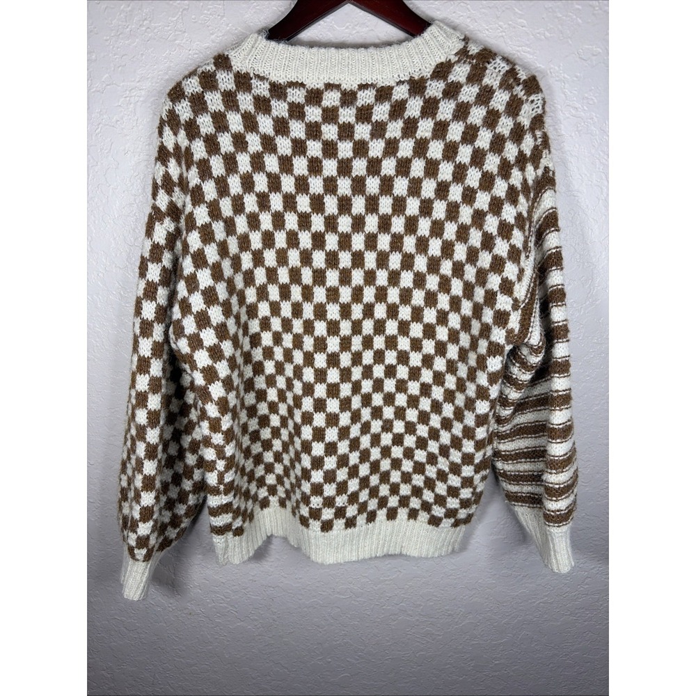 Blu Pepper Stripe & Checkered Crewneck Knit Sweater, Cream/Caramel, Size Small - Picture 2 of 5
